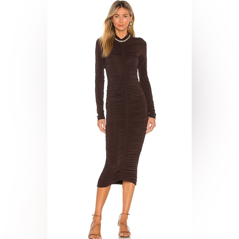 A.L.C. Ansel Ruched Long Sleeve Midi Dress in Ganache Brown